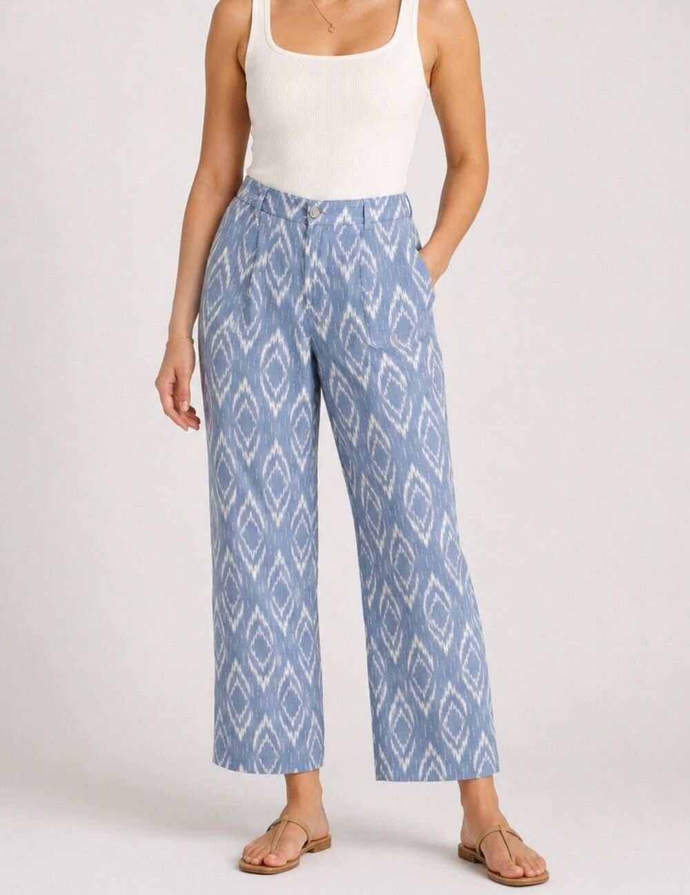 Chico’s Linen Pants Women’s Size 1 Blue White Ikat Print Wide Leg Casual Beach